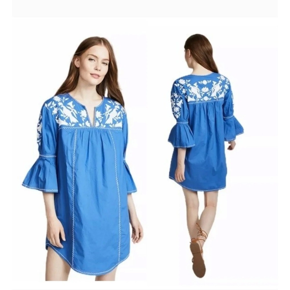 Joie Clodagh Embroidered Bell Sleeve Poplin Mini‎ Dress Blue White Size M Bird